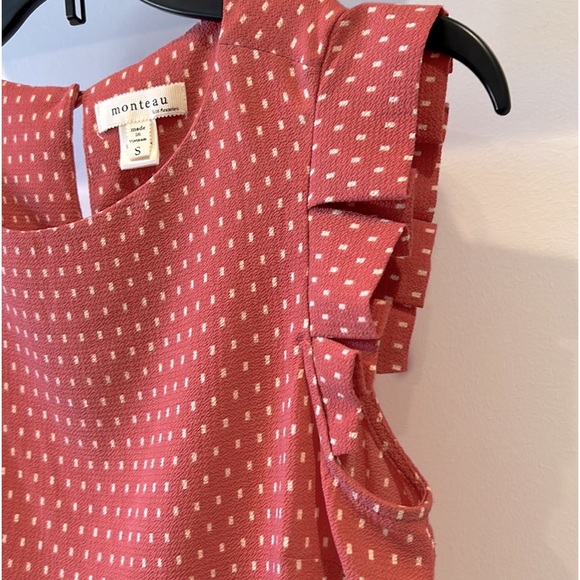 💖Adorable Monteau Flutter Sleeve Top in Mauve Pink/White Square Dots:Size Small - Picture 5 of 6